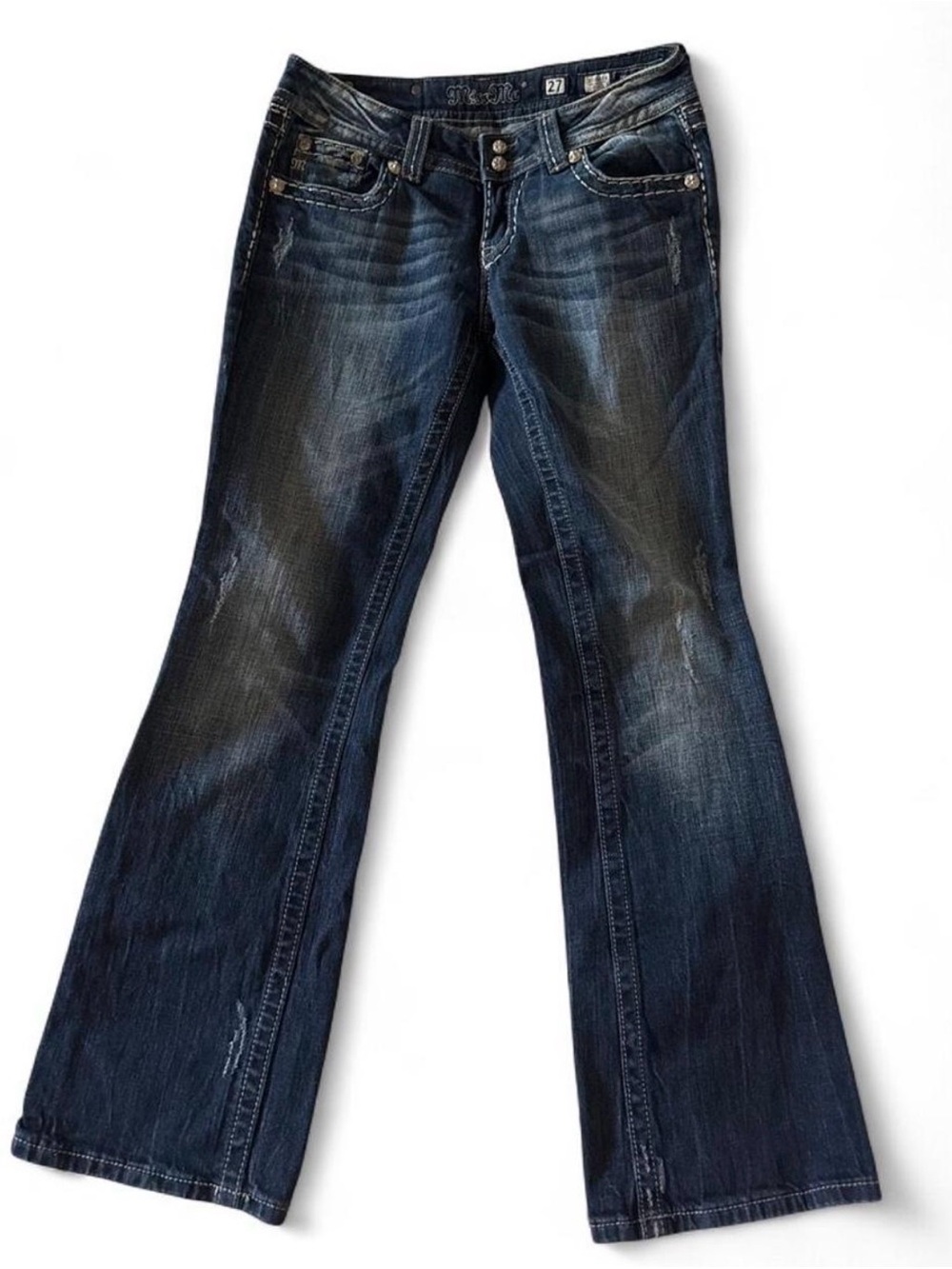 Miss Me Low Rise Dark Blue Bootcut Jeans size 27 Silver Contrast Stitching
